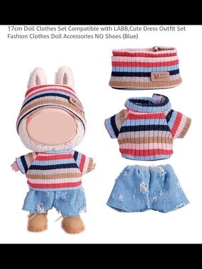 Labubu Striped Knit Top & Distressed Denim Skirt Set for 17cm Dolls - Blue Multi